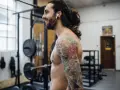 Uśmiechnięty mężczyzna z tatuażem na ramieniu w siłowni. Czy po tatuazu mozna cwiczyc? Tak, jeśli jest zagojony!
