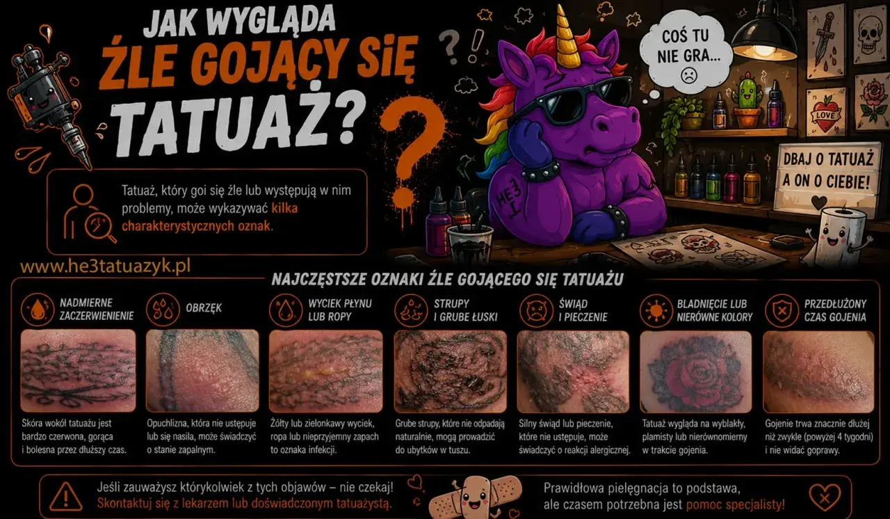 Ilustracja pokazuje objawy źle gojącego się tatuażu: zaczerwienienie, obrzęk, wyciek, strupy, świąd, blaknięcie i przedłużony czas gojenia.