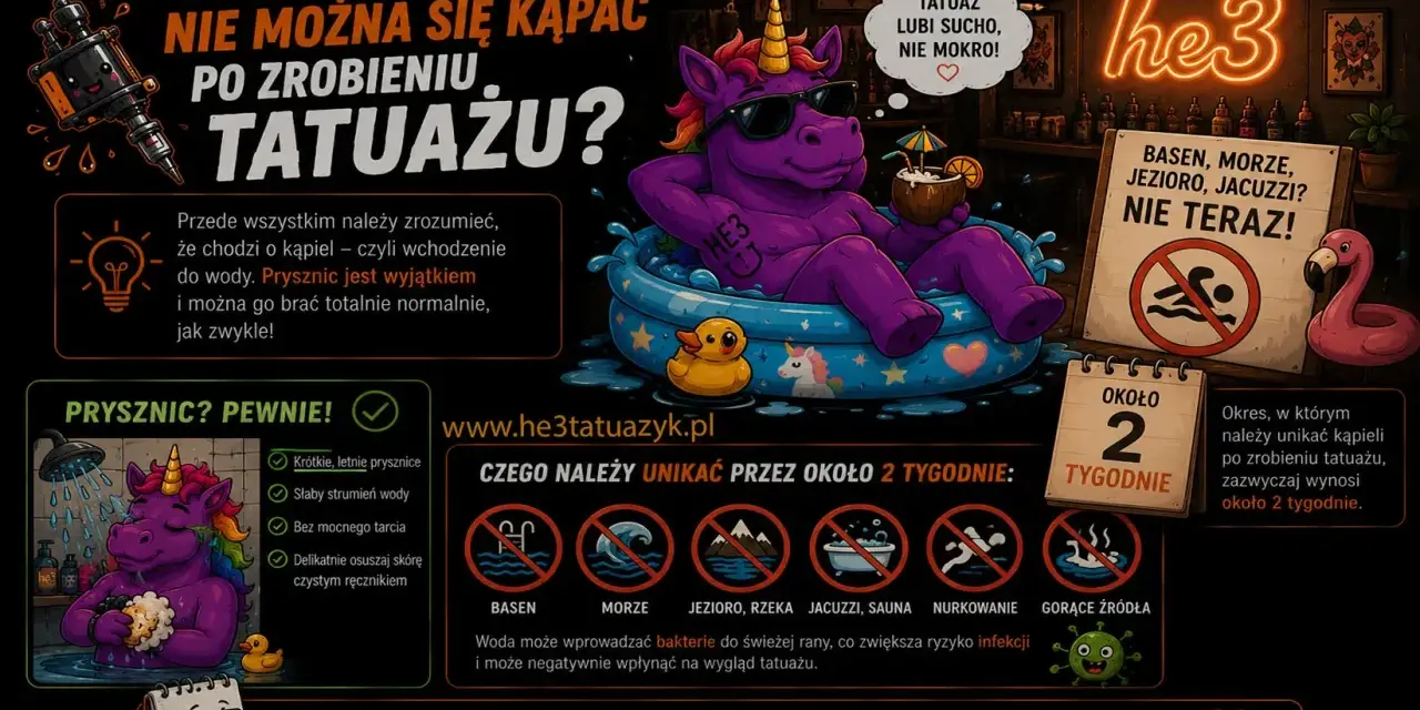 Unicorn w basenie przypomina o przeciwwskazaniach do tatuażu: unikaj kąpieli w wodzie przez 2 tygodnie. Prysznic jest dozwolony.