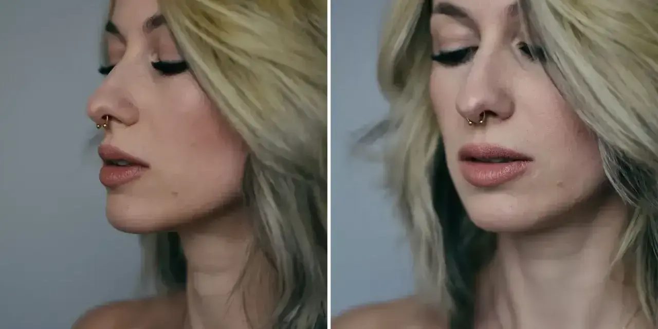 Kobieta z blond włosami i złotym kółkiem w nosie, tzw. septum.