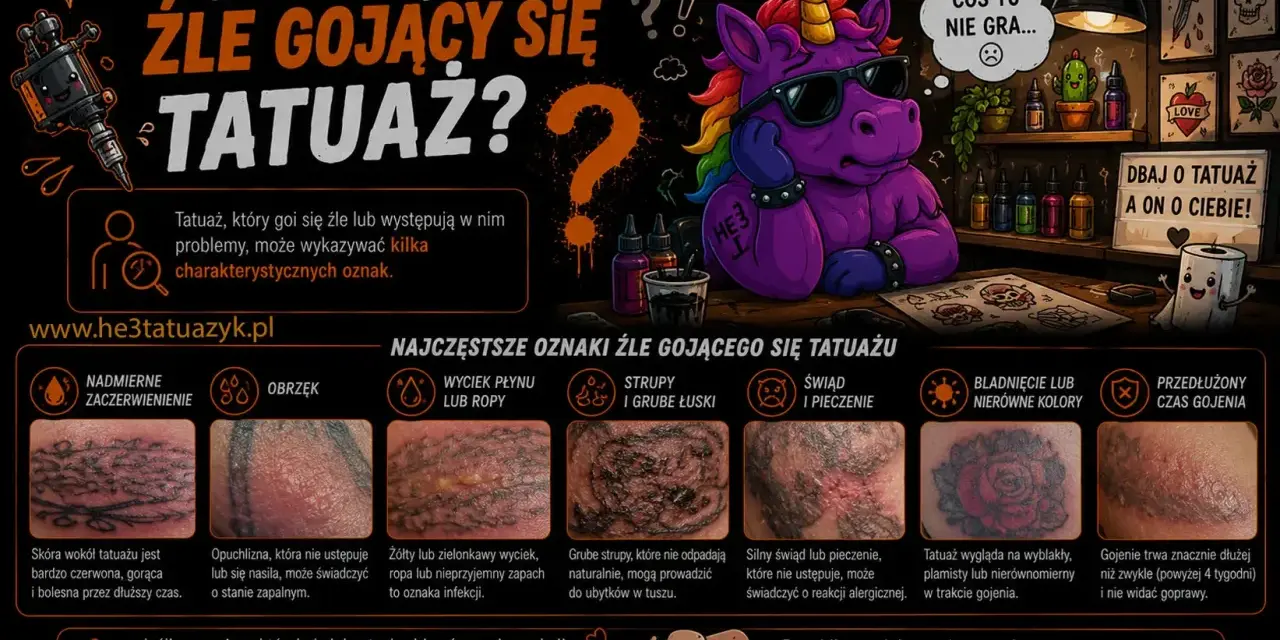 Ilustracja pokazuje objawy źle gojącego się tatuażu: zaczerwienienie, obrzęk, wyciek, strupy, świąd, blaknięcie i przedłużony czas gojenia.