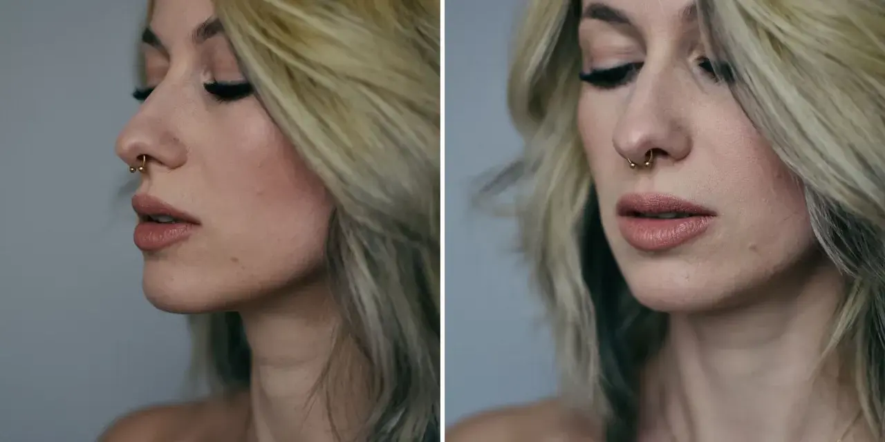 Kobieta z blond włosami i złotym kółkiem w nosie. Czy septum zarasta? Delikatny makijaż podkreśla jej urodę.