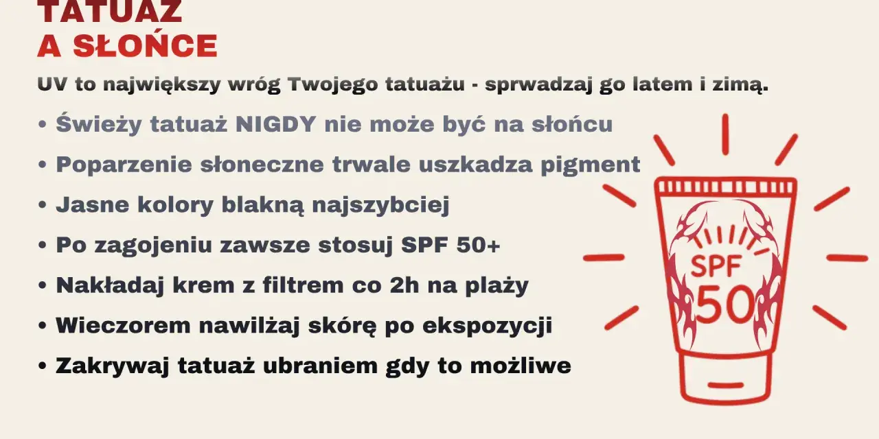 Chroń swój tatuaż przed słońcem! Stosuj krem z filtrem SPF 50+, aby zapobiec blaknięciu i uszkodzeniu pigmentu. Pamiętaj o nawilżaniu i zakrywaniu go ubraniem.