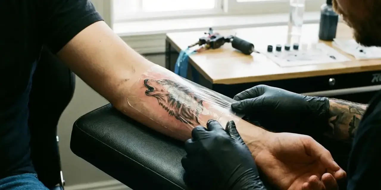 Artysta zdejmuje folię z nowo zrobionego tatuażu wilka na przedramieniu. Proces gojenie tatuażu bez folii jest kluczowy.
