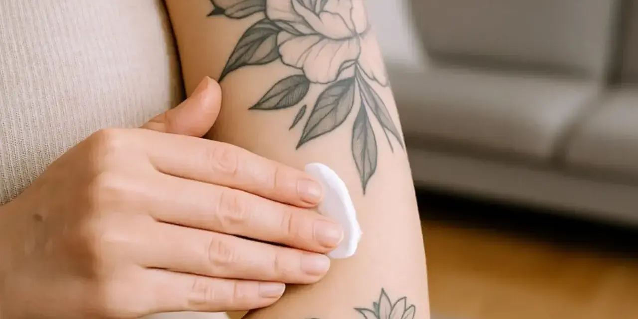 Delikatna pielęgnacja tatuażu. Dłoń nakłada biały, nawilżający masc do tatuazu na rękę ozdobioną kwiatowymi wzorami.