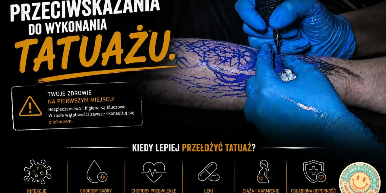 Rękawiczki ochronne wykonują tatuaż. Informacje o przeciwwskazaniach do wykonania tatuażu, w tym o chorobach i lekach.