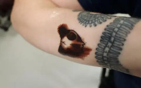 Świeża tatuażowa "second skin" na przedramieniu, z widocznym konturem głowy kota i innymi tatuażami.