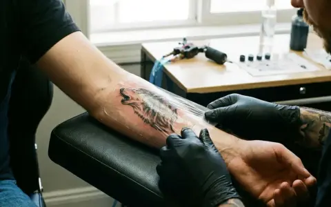Artysta zdejmuje folię z nowo zrobionego tatuażu wilka na przedramieniu. Proces gojenie tatuażu bez folii jest kluczowy.