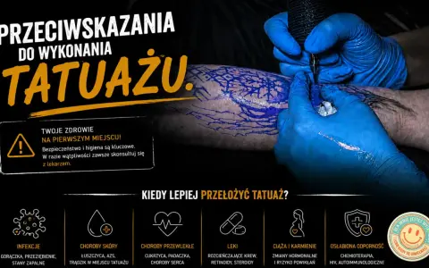 Rękawiczki ochronne wykonują tatuaż. Informacje o przeciwwskazaniach do wykonania tatuażu, w tym o chorobach i lekach.