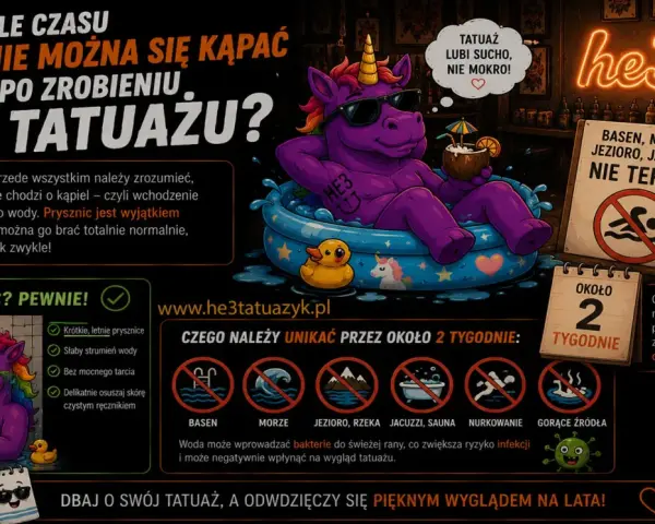 Unicorn w basenie przypomina o przeciwwskazaniach do tatuażu: unikaj kąpieli w wodzie przez 2 tygodnie. Prysznic jest dozwolony.