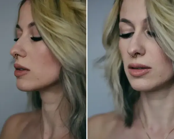Kobieta z blond włosami i złotym kółkiem w nosie, tzw. septum.
