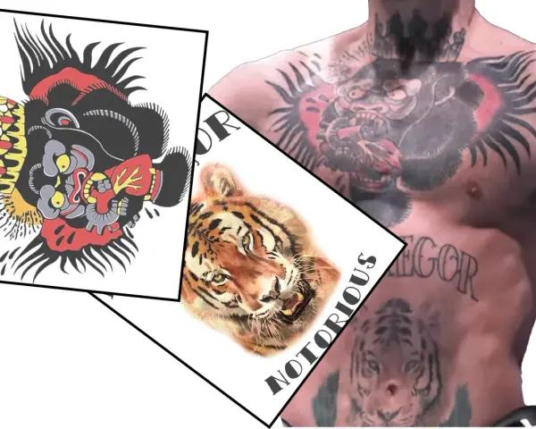 Stylizowany tatuaż mma z głową goryla i tygrysem, obok tatuaż z napisem "NOTORIOUS" i tygrysem na klatce piersiowej.