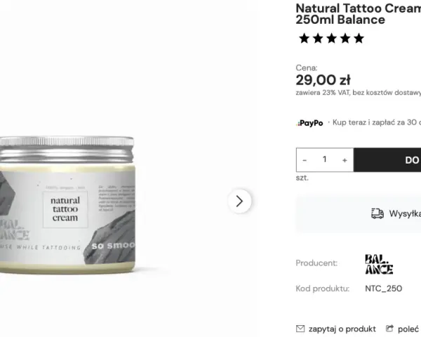 Natural Tattoo Cream Bio Wazelina 250ml Balance – idealna wazelina na tatuaż, która dba o skórę podczas i po zabiegu.