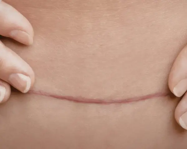 Dłonie delikatnie odsłaniają poziomą bliznę po cesarskim cięciu, przypominającą pionowy labret blizna.