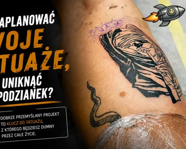 Unikaj głupich tatuaży! Planowanie jest kluczem do tatuażu, z którego będziesz dumny przez całe życie. Na ramieniu widać nowy tatuaż w trakcie pracy.