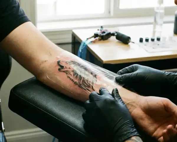 Artysta zdejmuje folię z nowo zrobionego tatuażu wilka na przedramieniu. Proces gojenie tatuażu bez folii jest kluczowy.