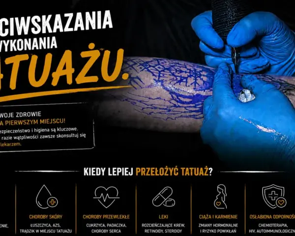 Rękawiczki ochronne wykonują tatuaż. Informacje o przeciwwskazaniach do wykonania tatuażu, w tym o chorobach i lekach.