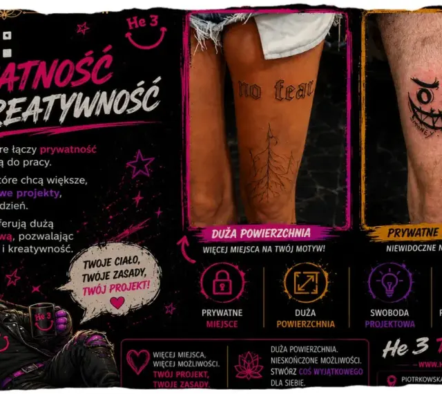 Tatuaz na nodze: "no fear" i drzewo na lewym udzie, uśmiechnięta czaszka z dolarem na prawym. Idealne miejsce na duży, prywatny tatuaż.