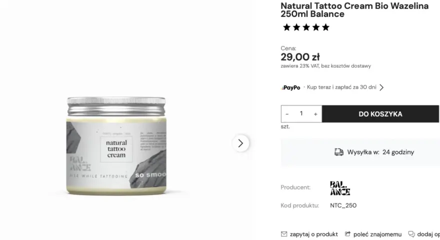 Natural Tattoo Cream Bio Wazelina 250ml Balance – idealna wazelina na tatuaż, która dba o skórę podczas i po zabiegu.