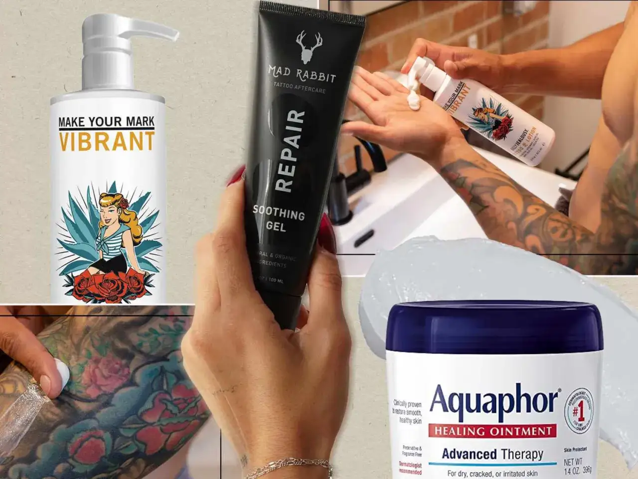 Krem do świeżego tatuażu: Mad Rabbit Repair Soothing Gel i Aquaphor. Dbaj o swoje nowe dzieło sztuki.