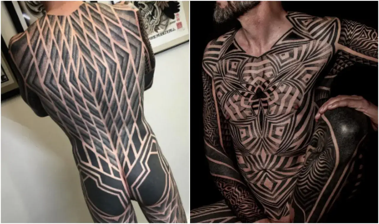 Geometryczne tatuaże na ciele mężczyzny. Inspiracja na miejsce na tatuaż dla faceta, tworzące hipnotyzujący wzór.