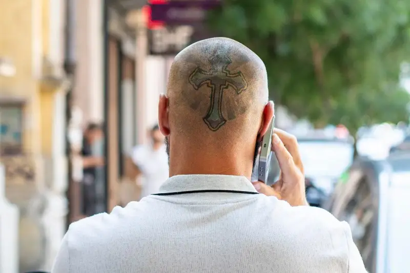 Mężczyzna rozmawia przez telefon, a na jego ogolonej głowie widoczny jest tatuaż krzyża.