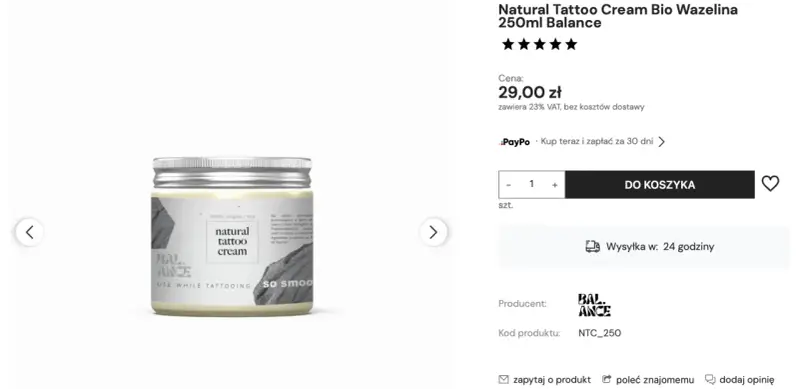 Natural Tattoo Cream Bio Wazelina 250ml Balance – idealna wazelina na tatuaż, która dba o skórę podczas i po zabiegu.