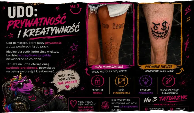 Tatuaz na nodze: "no fear" i drzewo na lewym udzie, uśmiechnięta czaszka z dolarem na prawym. Idealne miejsce na duży, prywatny tatuaż.